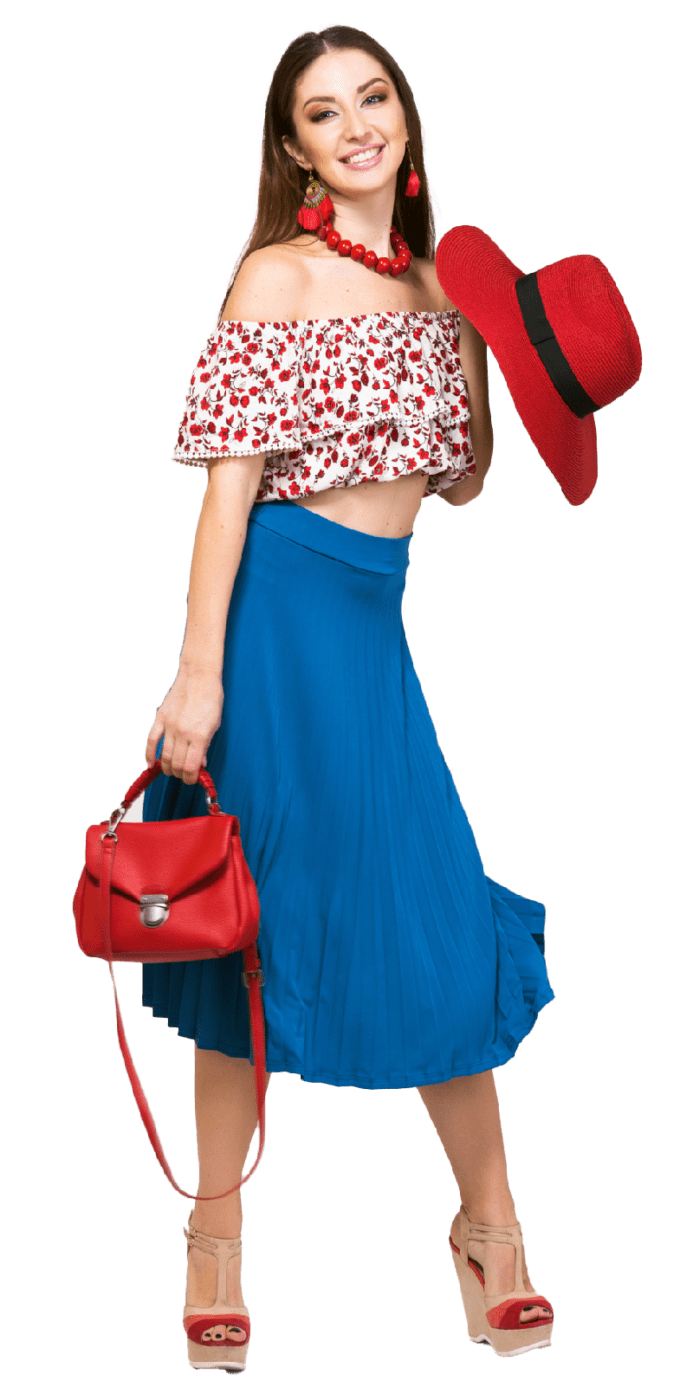 Light-Blue-Skirt A women wearing light blue midi skirt with floral blouse